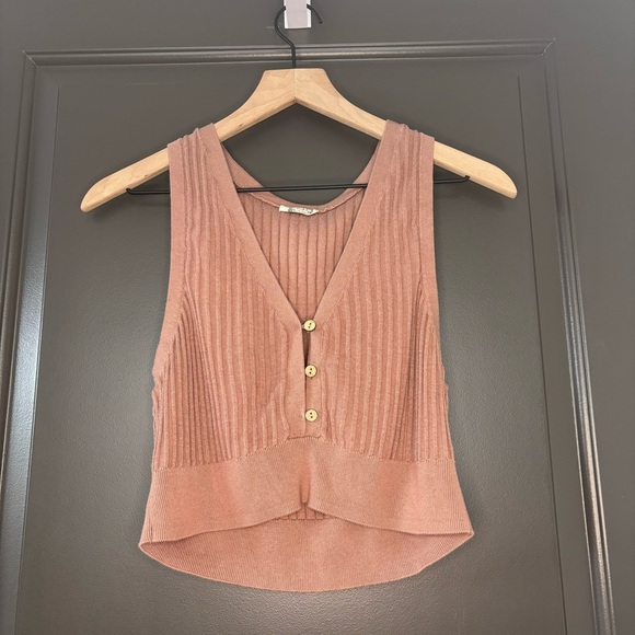 Free People Saturday Morning Cropped Sweater Vest Knit Buttoned Tank Top- Pink - Picture 2 of 6